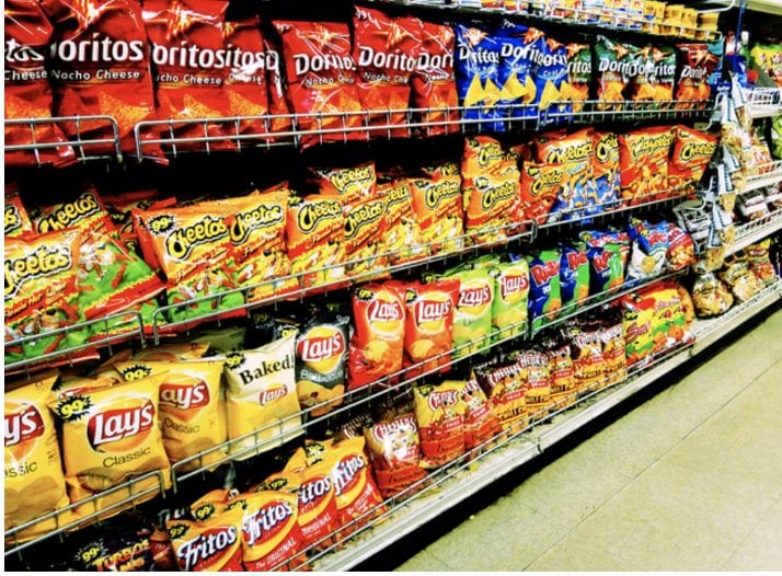 Junk food occupying shelves in groceries