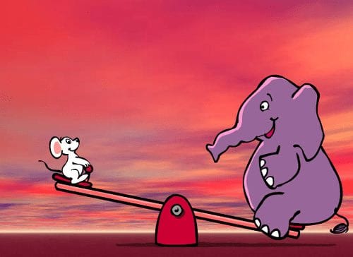 a mouse and an elephant playing on a see-saw